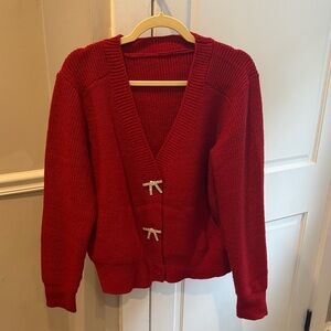 Red V-Neck Sweater with Bow Accents